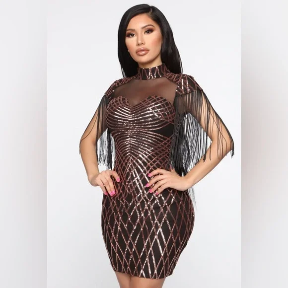 Fashion Nova | Dresses | Fashion Nova Brown Sequin Bodycon Mini Dress Sz  Small Nwt | Poshmark